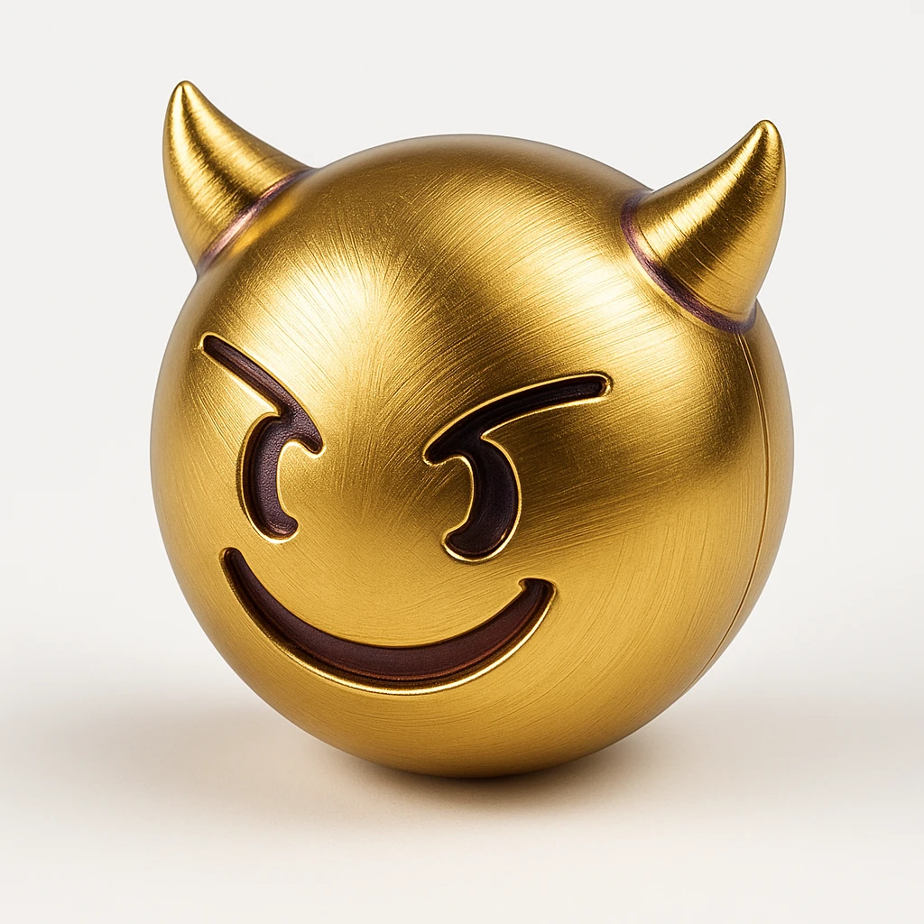 devil emoji, gold and purple, tiny horns, cute but mischievous expression, chibi style, gold effect emoji