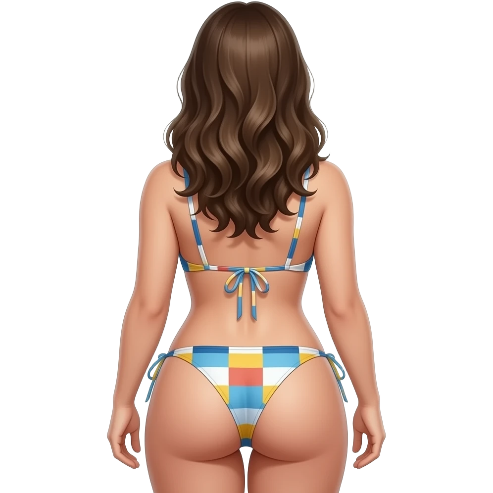 emoji style girl from behind wearing bikini, curvy body, head in front  detailed hair, emphasized hips, standing pose, slightly arched back, soft shading, high detail, sticker style, clean background emoji