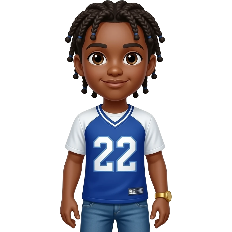 African American teenage boy with cornrow braids wearing a blue and white jersey shirt with 22 on it wearing denim jeans wearing a gold wtch emoji