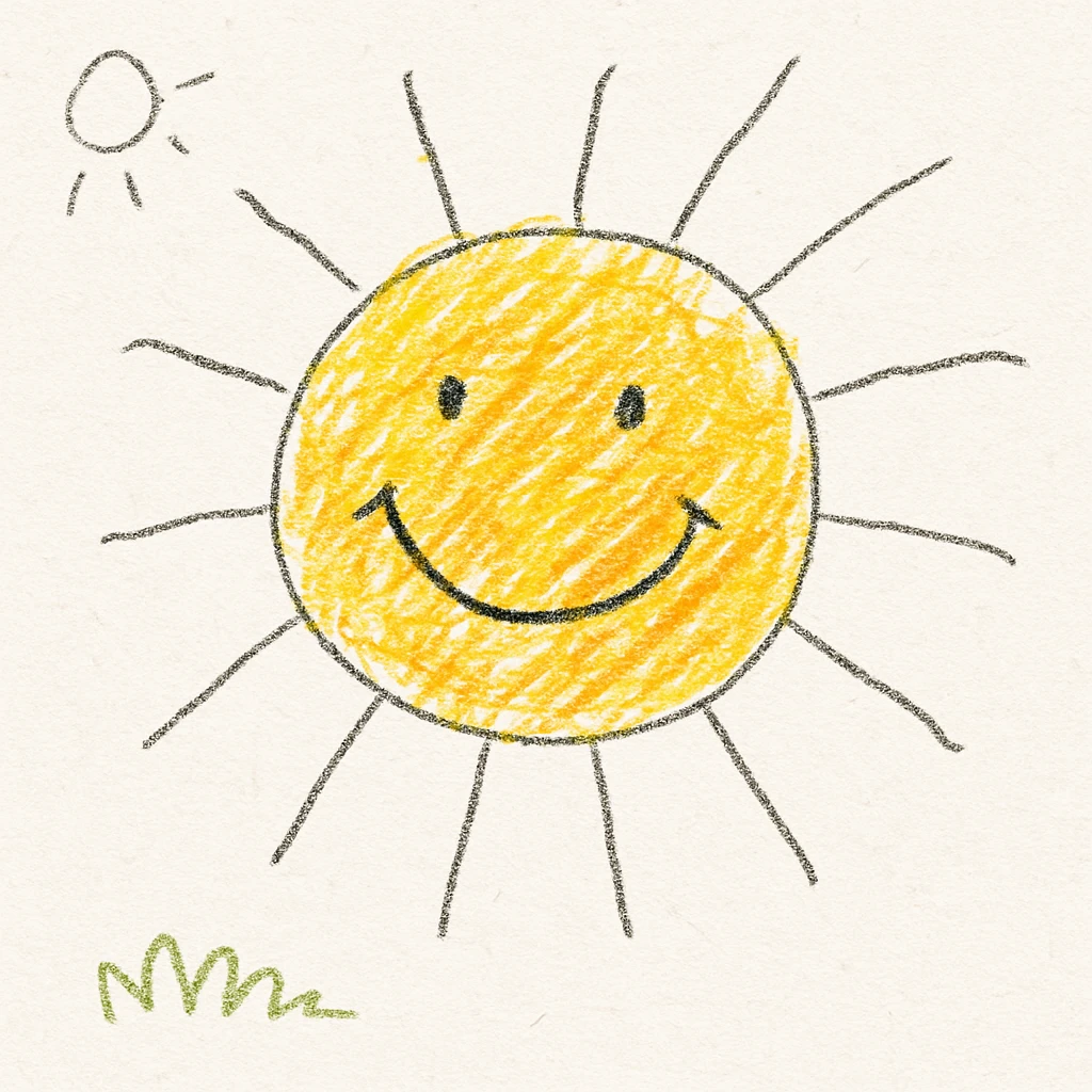 a smiling sun with rays, children's doodle style emoji