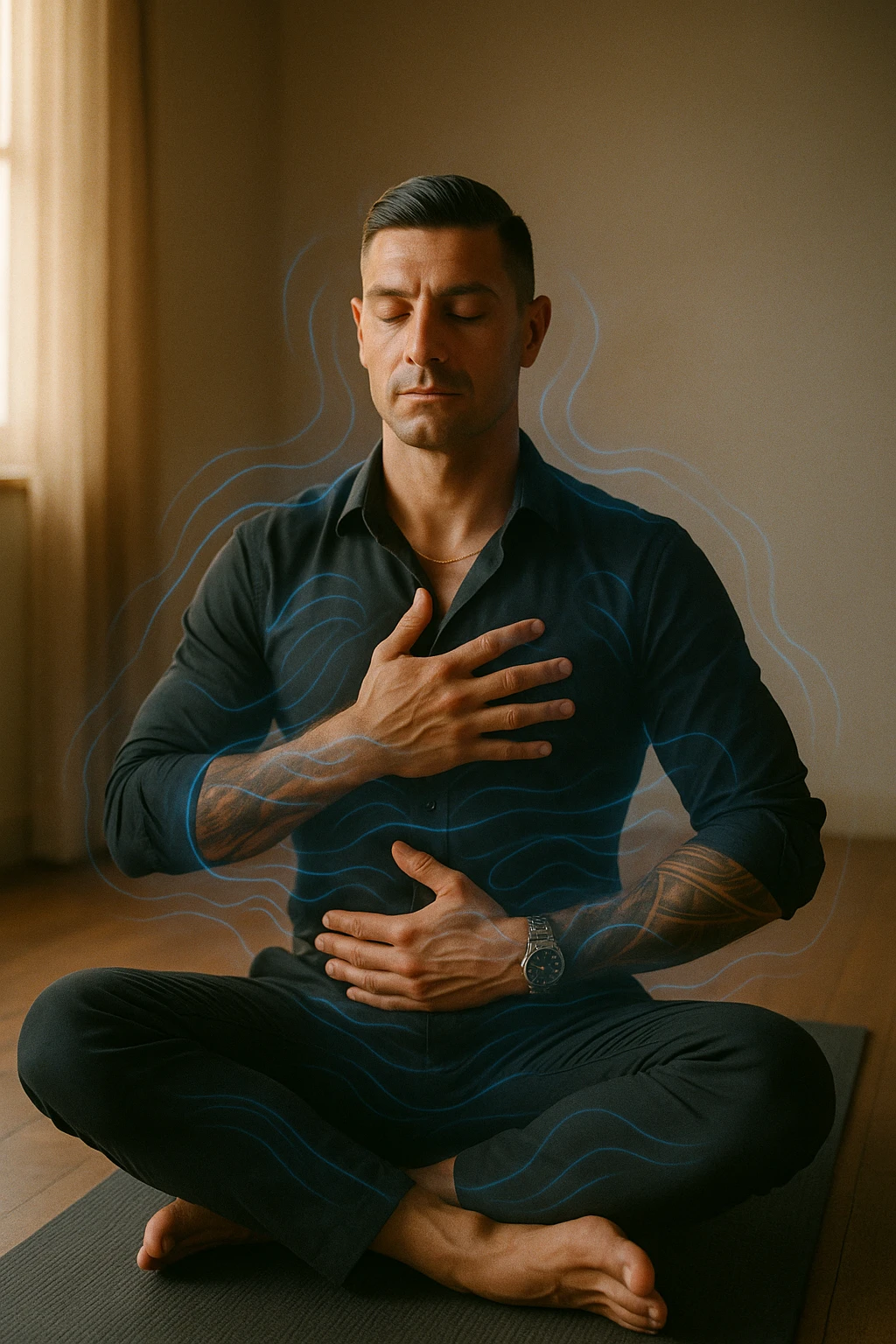 A highly realistic, cinematic portrait of a man in his early 30s with a calm, focused expression, sitting cross-legged on a yoga mat in a softly lit room. His eyes are closed, and he is performing deep diaphragmatic breathing, with one hand resting on his chest and the other on his abdomen, visibly rising and falling with each breath. A subtle glow or faint blue light outlines his body, symbolizing calm energy and nervous system regulation. Around him, faint symbolic waves or flowing lines in blue tones represent the breath calming the autonomic nervous system, while a soft warm light from a window illuminates his relaxed face. The atmosphere is peaceful and grounded, with warm natural tones and a clean, minimalist setting, evoking the feeling of inner calm and nervous system reset through conscious breathing. Style: 35mm hyperrealistic film photography, soft depth of field, warm lighting with clear focus on the man's peaceful face and breathing posture emoji