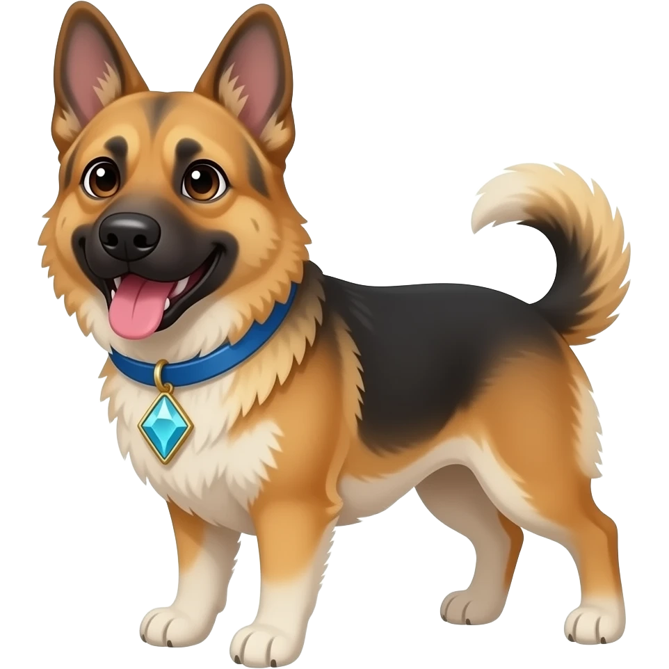 full body on four legs, silly sheperds dog, looking at the camera, , tongue out and smiling , blue collar, diamond shaped opaque stone as collar pendant emoji