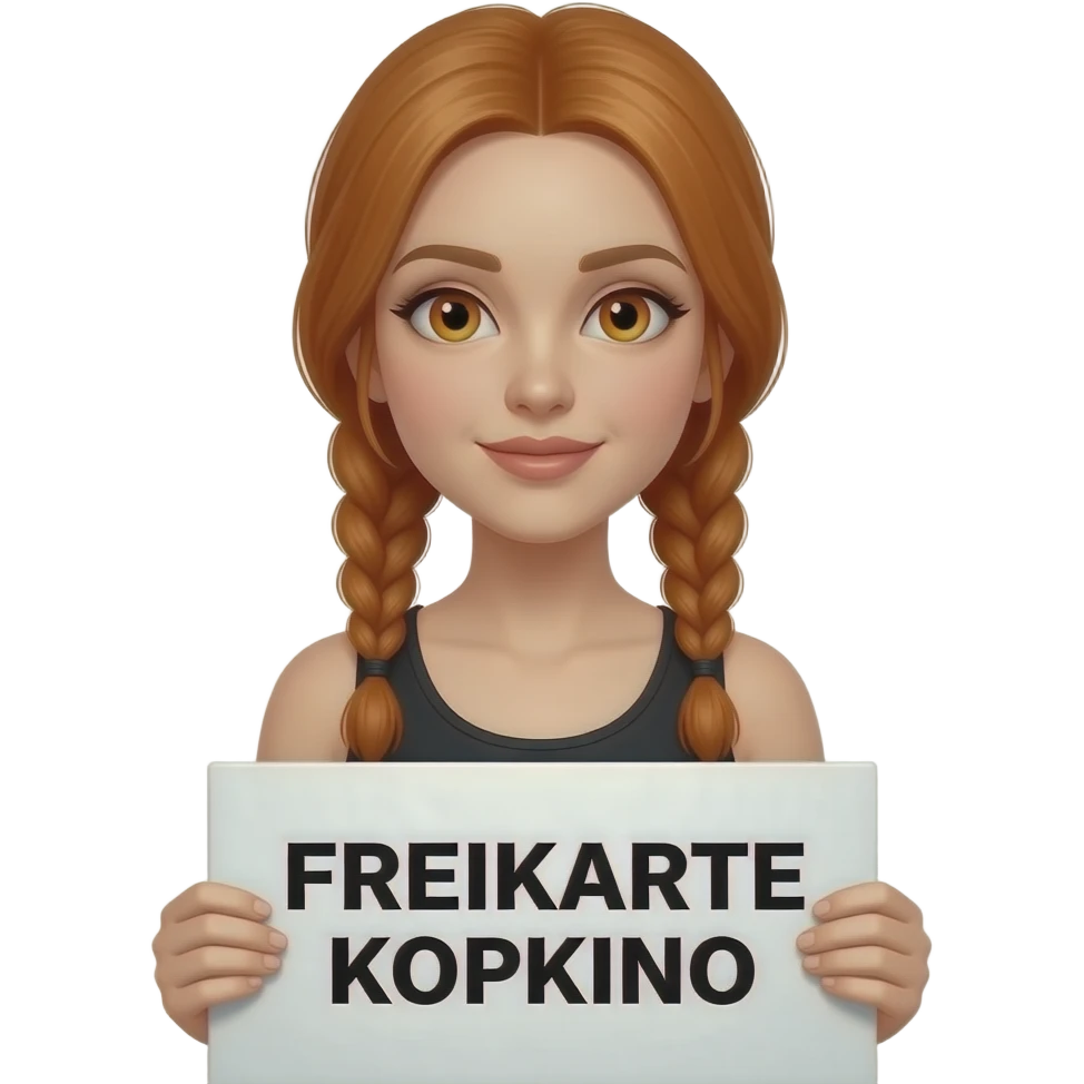 sexy girl with long ginger braids and ginger eyes wearing a black tanktop is holding a white sign with FREIKARTE KOPFKINO written on it emoji
