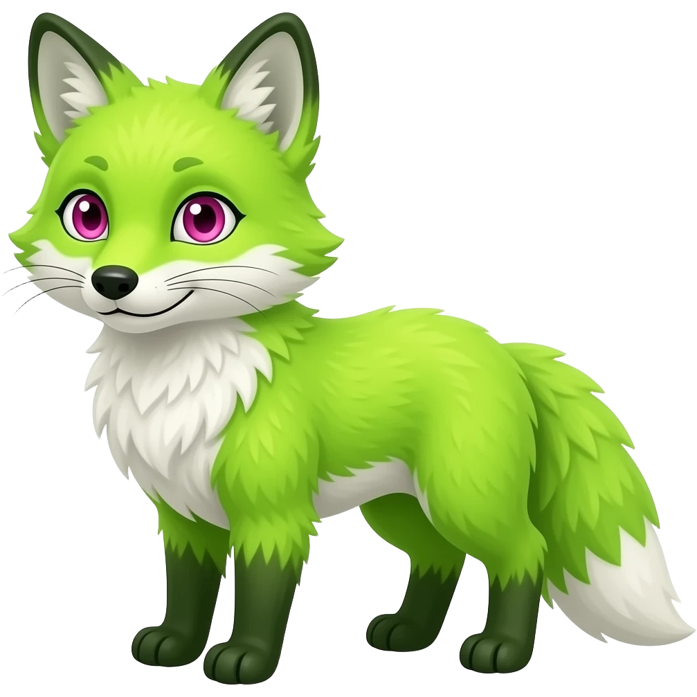 Neon-light-lime-green furry fox with white belly and white muzzle, dark-green paws, dark green ears, and magenta eyes emoji