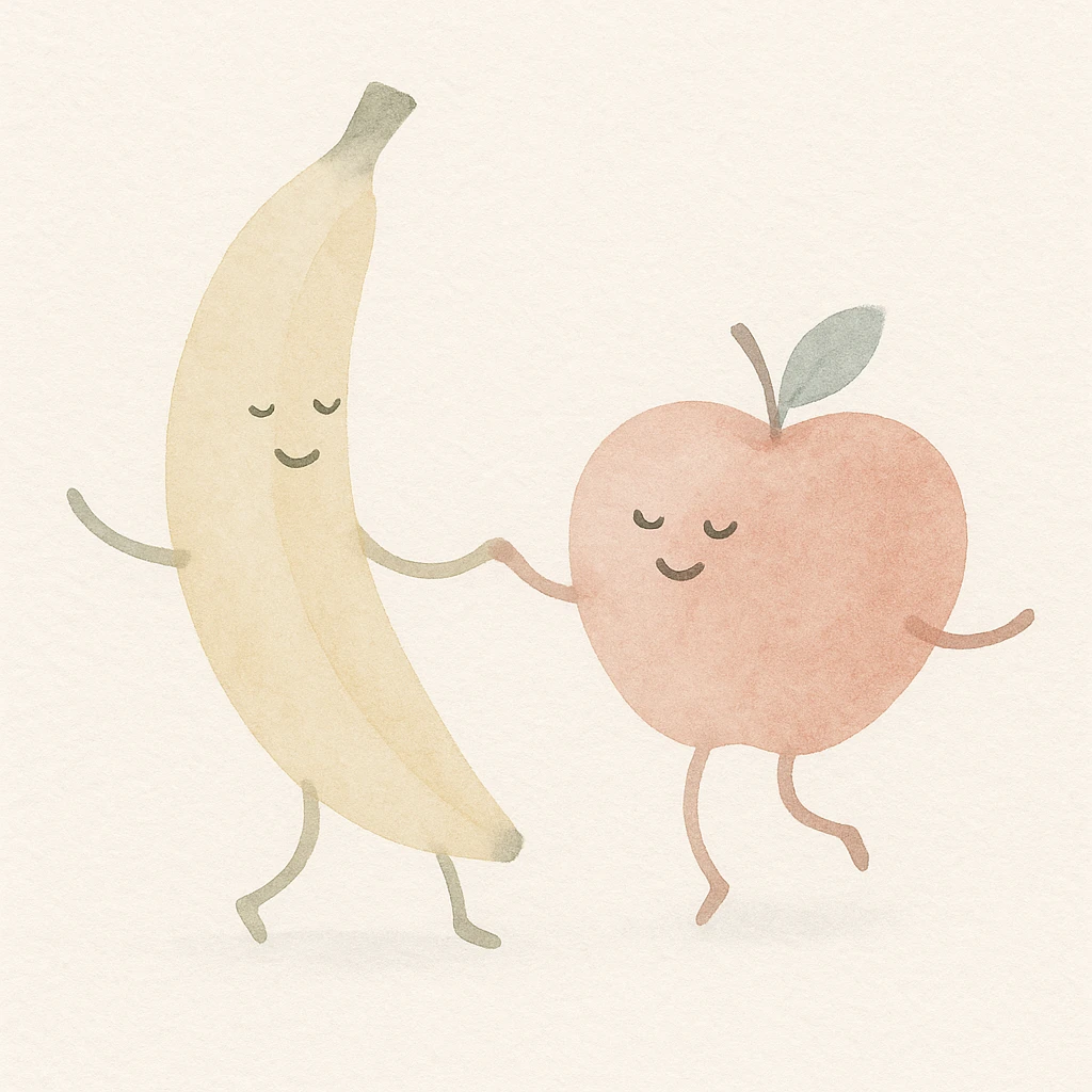 a banana and apple dancing, watercolor art style, soft colors, joyful mood emoji