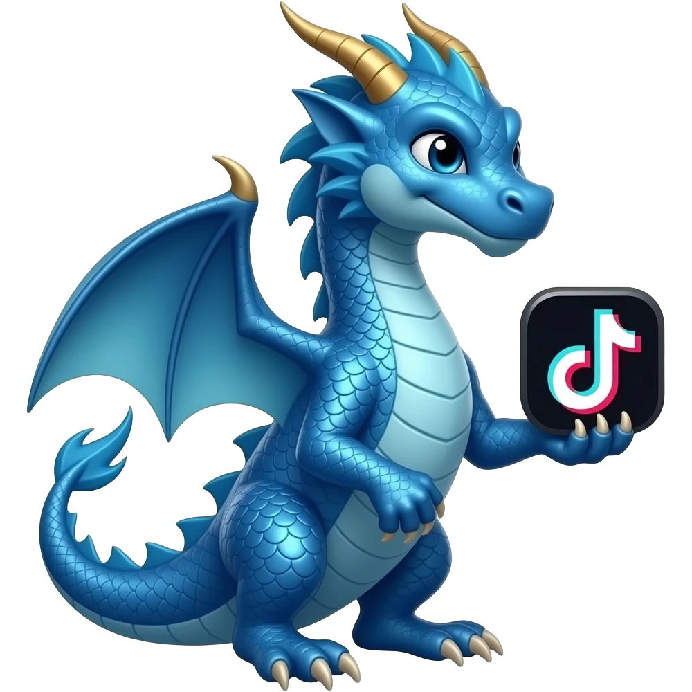 Blue dragon holding tiktok logo looking right emoji