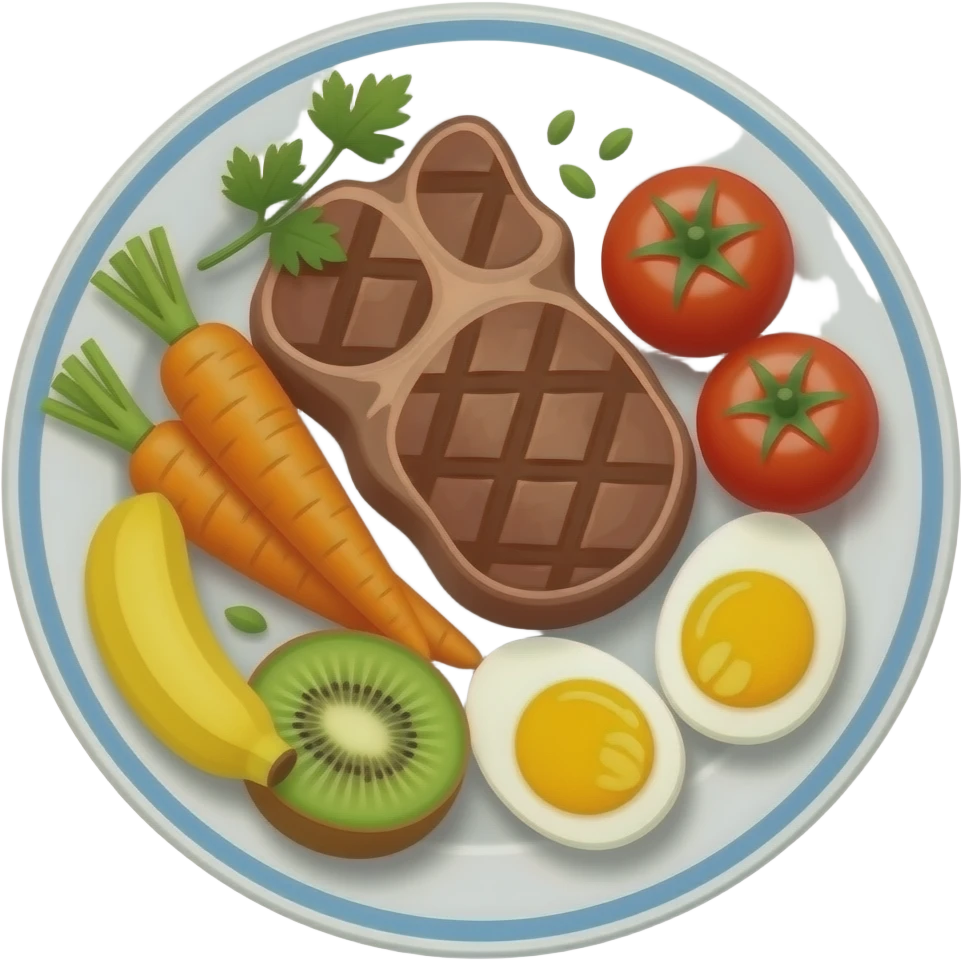 plate with meat carrot banana kiwi tomato eggs emoji