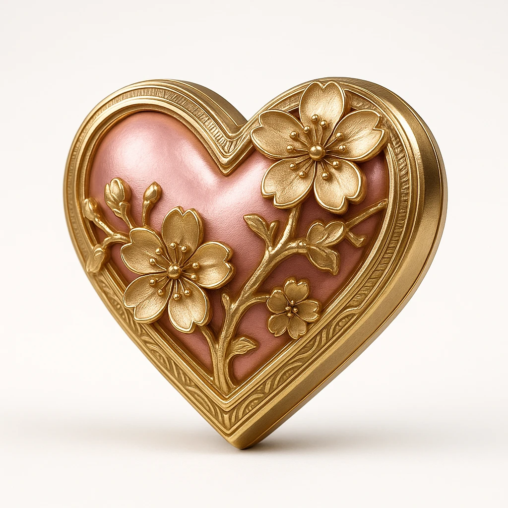 pink heart with sakura flowers, gold style emoji