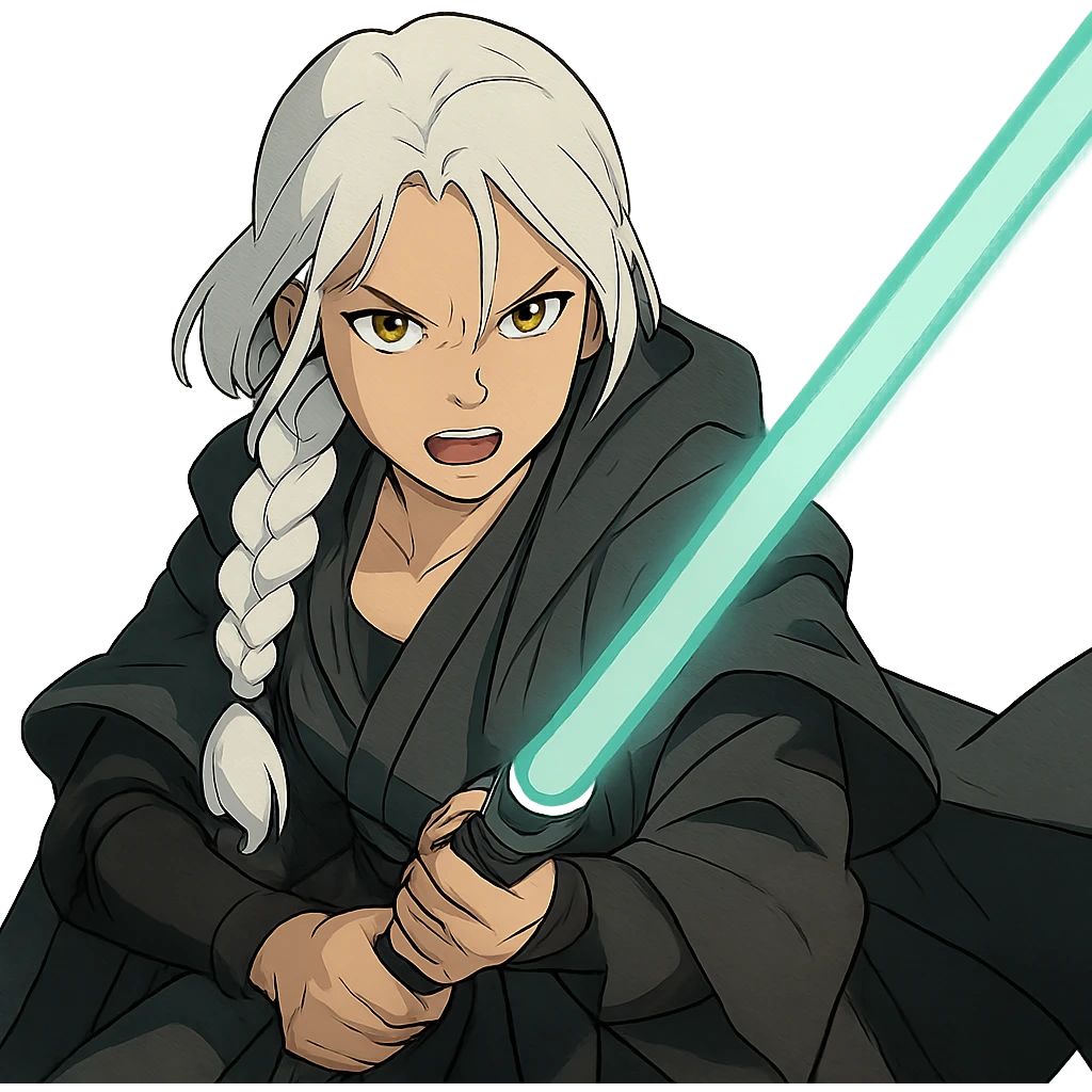 a closeup portrait of young woman with gold yellow eyes, white hair, long braid, black off-shoulder top, punk gothic style, futuristic cyberwave cyberpunk,  jedi attire and posture robes of a padawan, foreweilding a bright blue-green lightsaber, angry fierce face expression, power stance, wide angle shot emoji