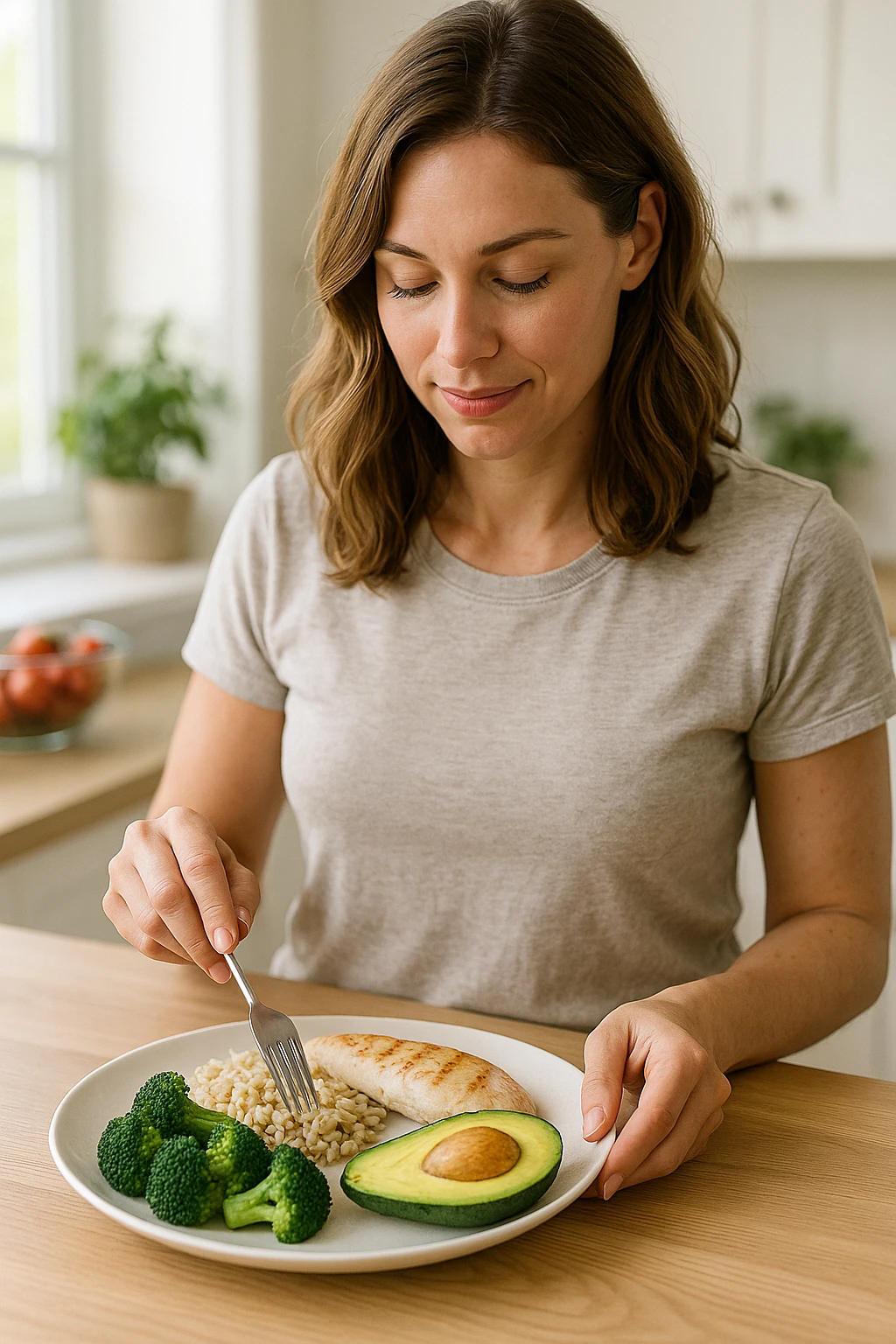 realistic style of a woman preparing a fit and balanced plate with separated and recognizable carbohydrates, proteins, and fats, bright environment, aspect ratio 2:3 emoji
