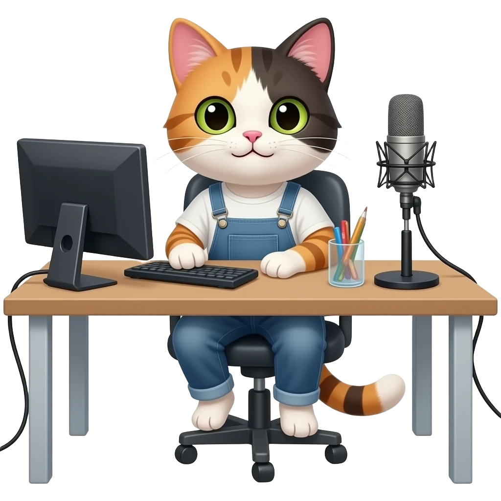 sincere long-haired calico cat podcaster at desk no clothes emoji