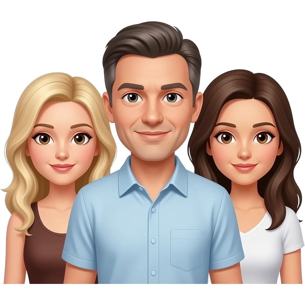 Make a throuple emoji One blonde long hair female with brown eyes, one brunette/gray hair male, one brunette long hair female with brown eyes emoji