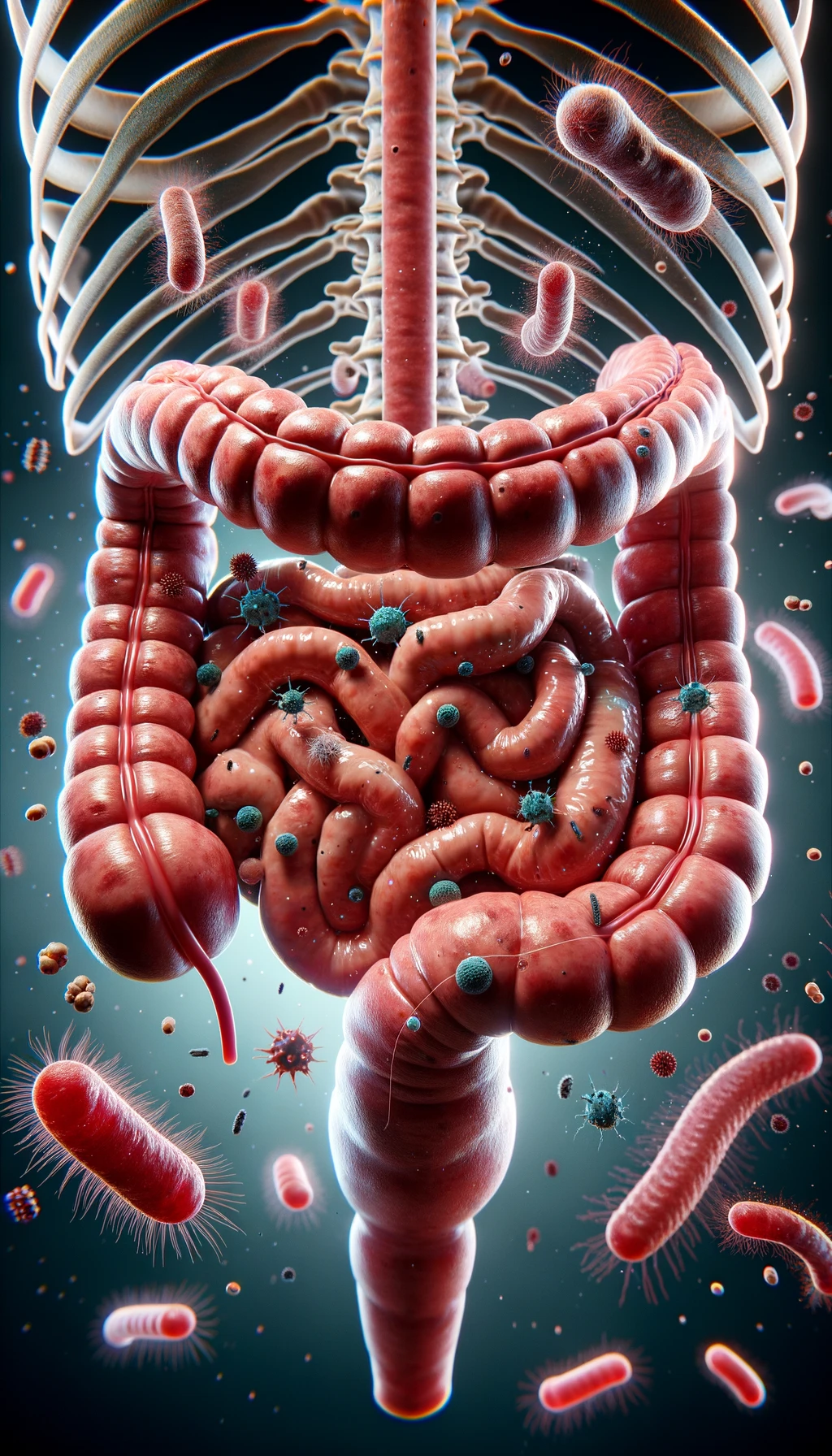 intestino umano realistico con batteri e parassiti che gli fluttuano intorno, iperrealistico 4k emoji