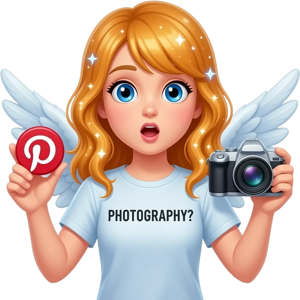 An ethereal blue eyes, glowing amber hair, angel, hand made of starlight holding a crystalline Pinterest logo on the right hand, a camera on the left, surprised, pointing at icon. A black decorative text: 'PHOTOGRAPHY?' on center of t-shirt. Glowing nebula colors, isolated on white, bold 3D icon emoji