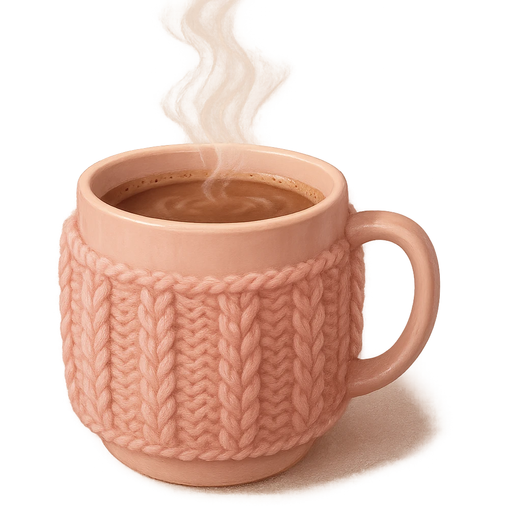 pink cozy hot cocoa in a knitted mug sleeve, comforting emoji
