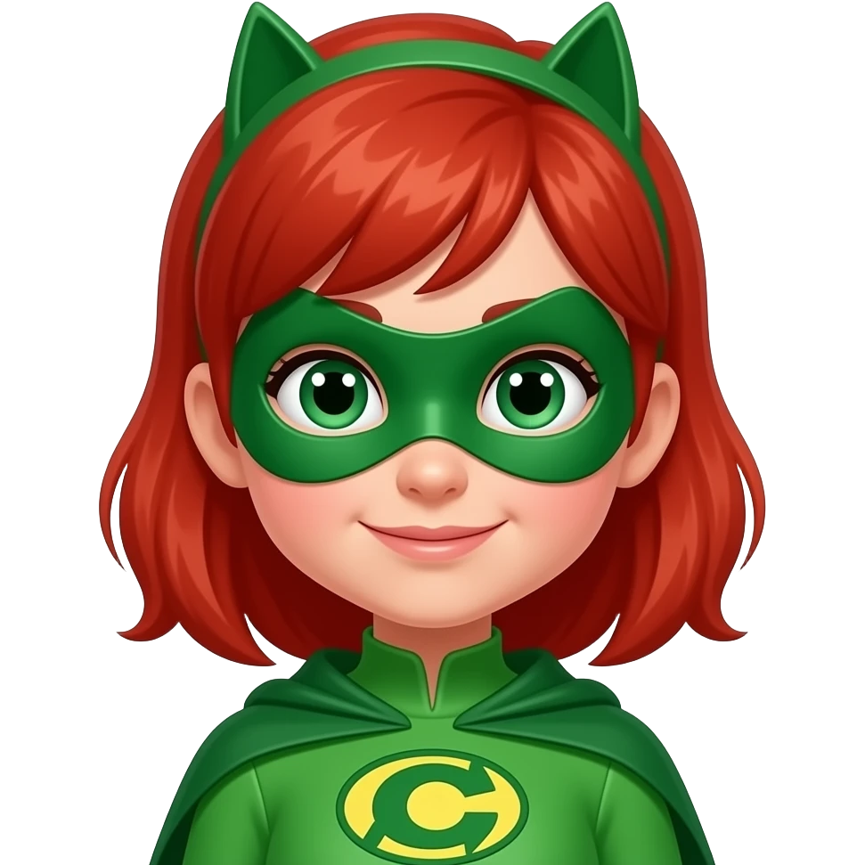 quiero que me hagas a una superheroina con el pelo pelirrojo mascara verde i con un traje verde que sea una niña emoji