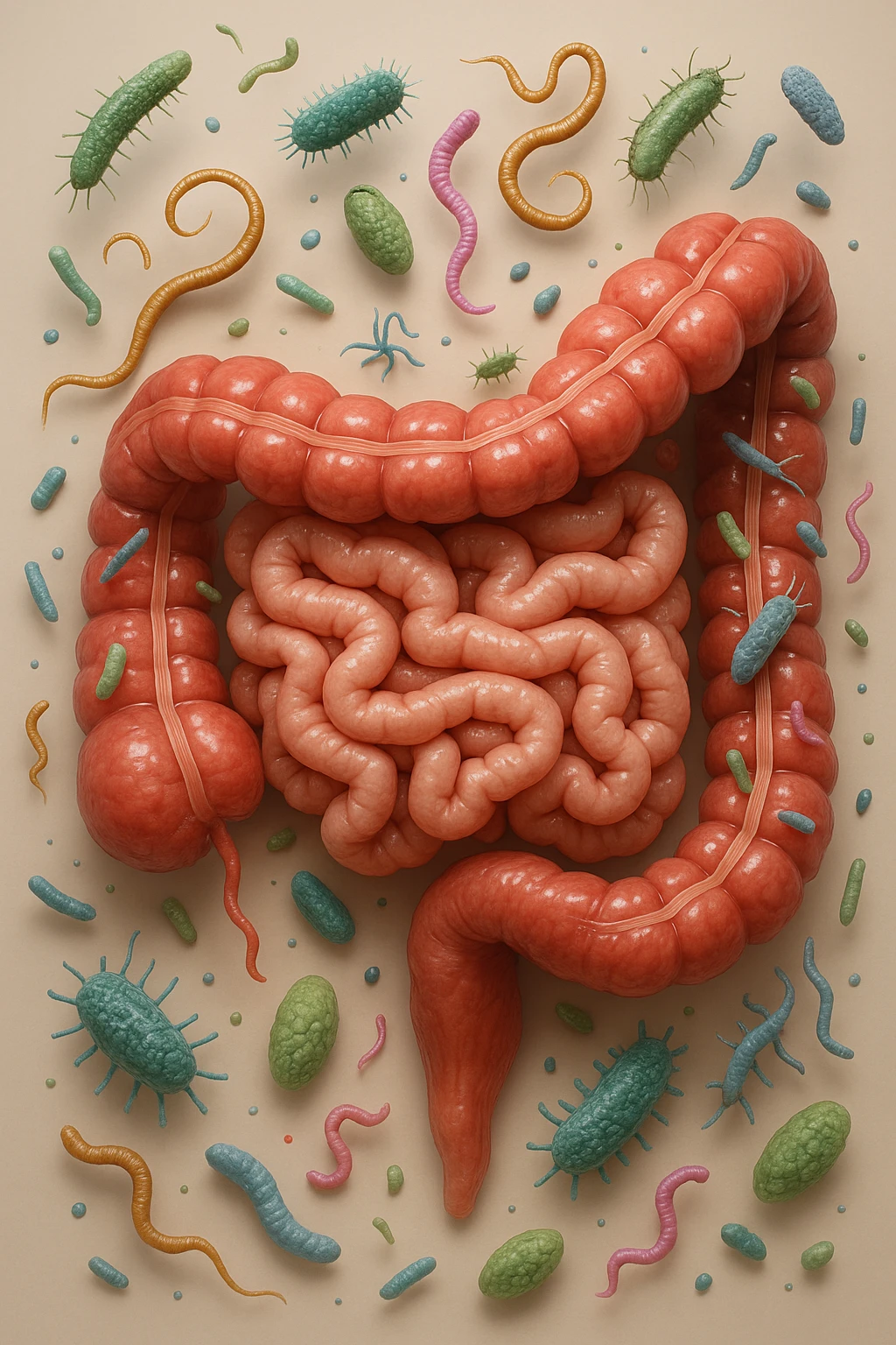 INTESTINO UMANO ANATOMICO CON BATTERI E PARASSITI INTORNO, SFONDO CHIARO NEUTRO, IPERREALISTICO 4K emoji