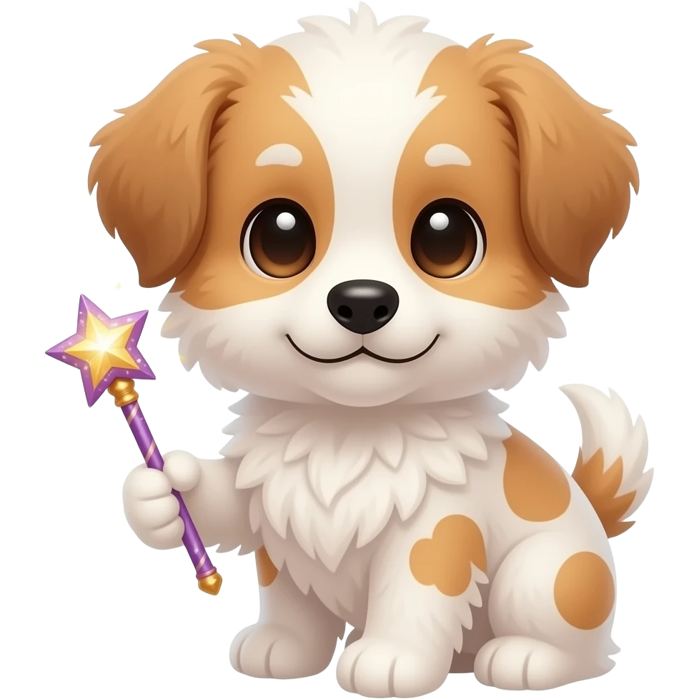 Very small fluffy cutty dog, for profile, look front, holding magic stick, only bottom of body emoji
