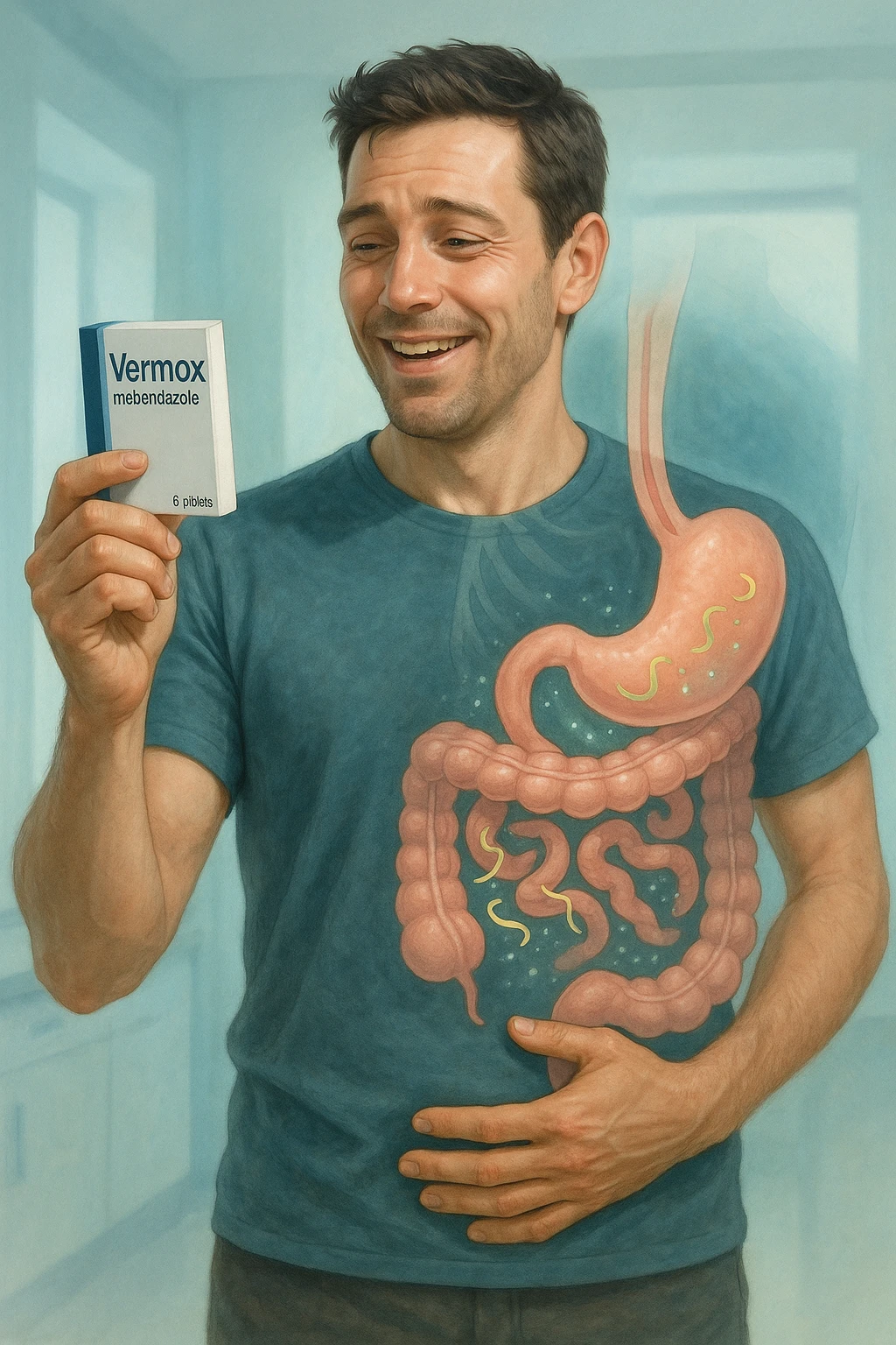 A realistic, cinematic illustration of a man in his late 30s holding a small white box of ‘Vermox’ (mebendazole) in one hand, with a relieved and hopeful expression on his face. Behind him, a semi-transparent overlay shows his digestive tract where small, symbolic worm-like parasites are dissolving and disappearing, indicating the medication’s effect. The environment is clean and bright, with a medical yet hopeful tone, conveying the concept of effective parasite removal. Subtle blue and green tones symbolize cleansing and health restoration, while the man appears energized and ready to reclaim his well-being emoji