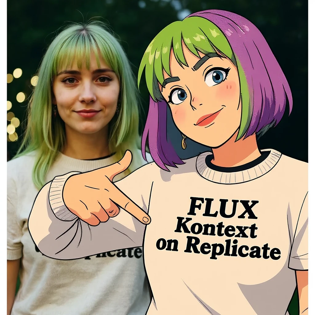 make a image of a girl with a anime version of that girl beside her wearing tshirt with text of "FLUX Kontext", avoid replicate emoji