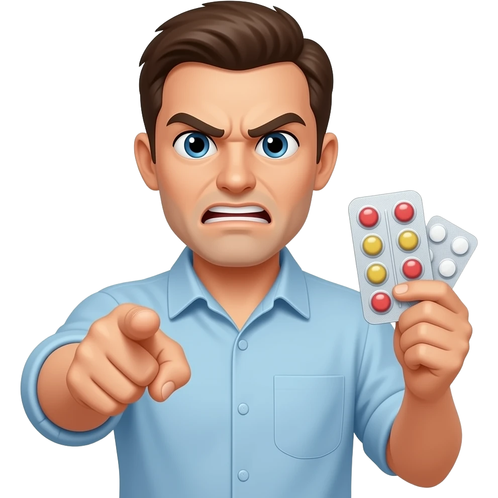 An angry man left hand pointing me, right hand holding plenty medicine and said 「有病就食藥」 emoji