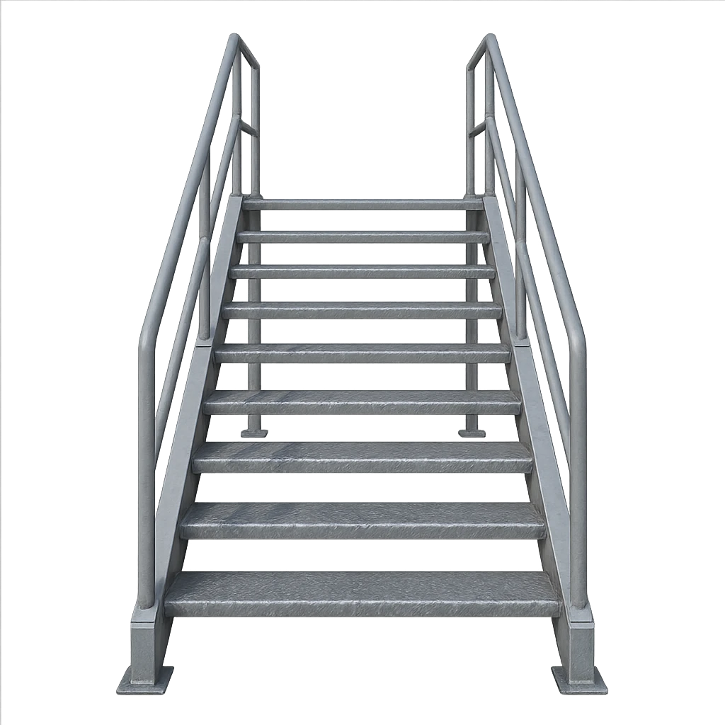outdoor metal stairs, 10 steps, straight-on, railings on both sides emoji