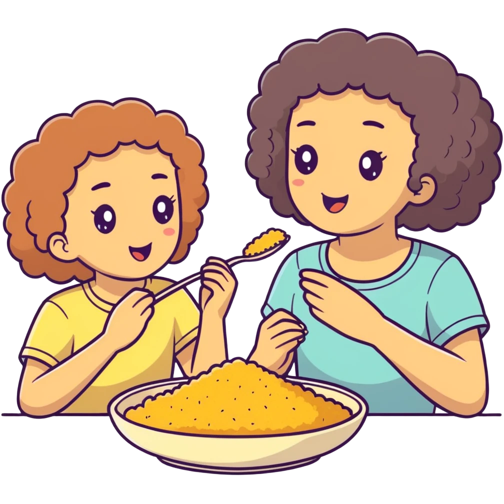 Une fille avec des cheuveux boucles mange du couscous avec son copin blanc emoji