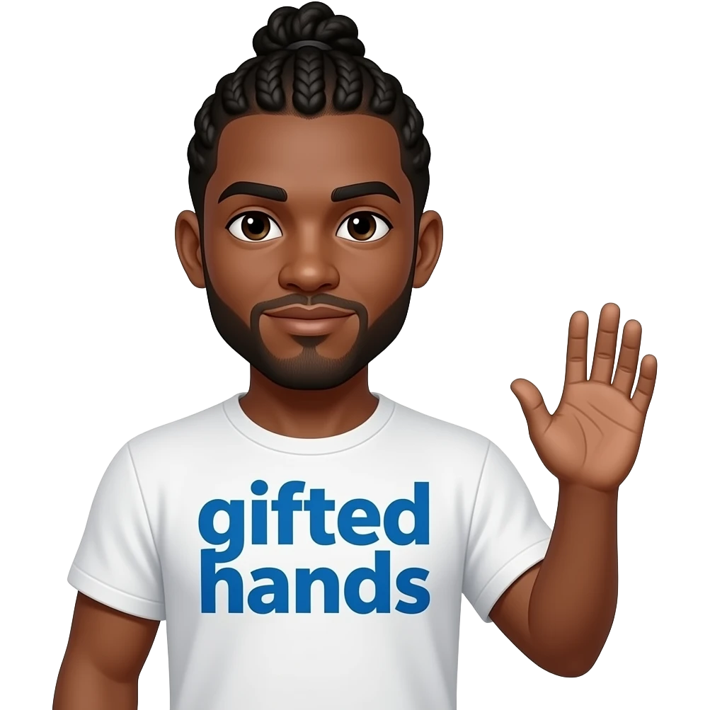 African American man with missing left arm and right arm missing a hand with cornrow braids into a man bun wearing a white shit that says gifted hands in bold blue letters emoji