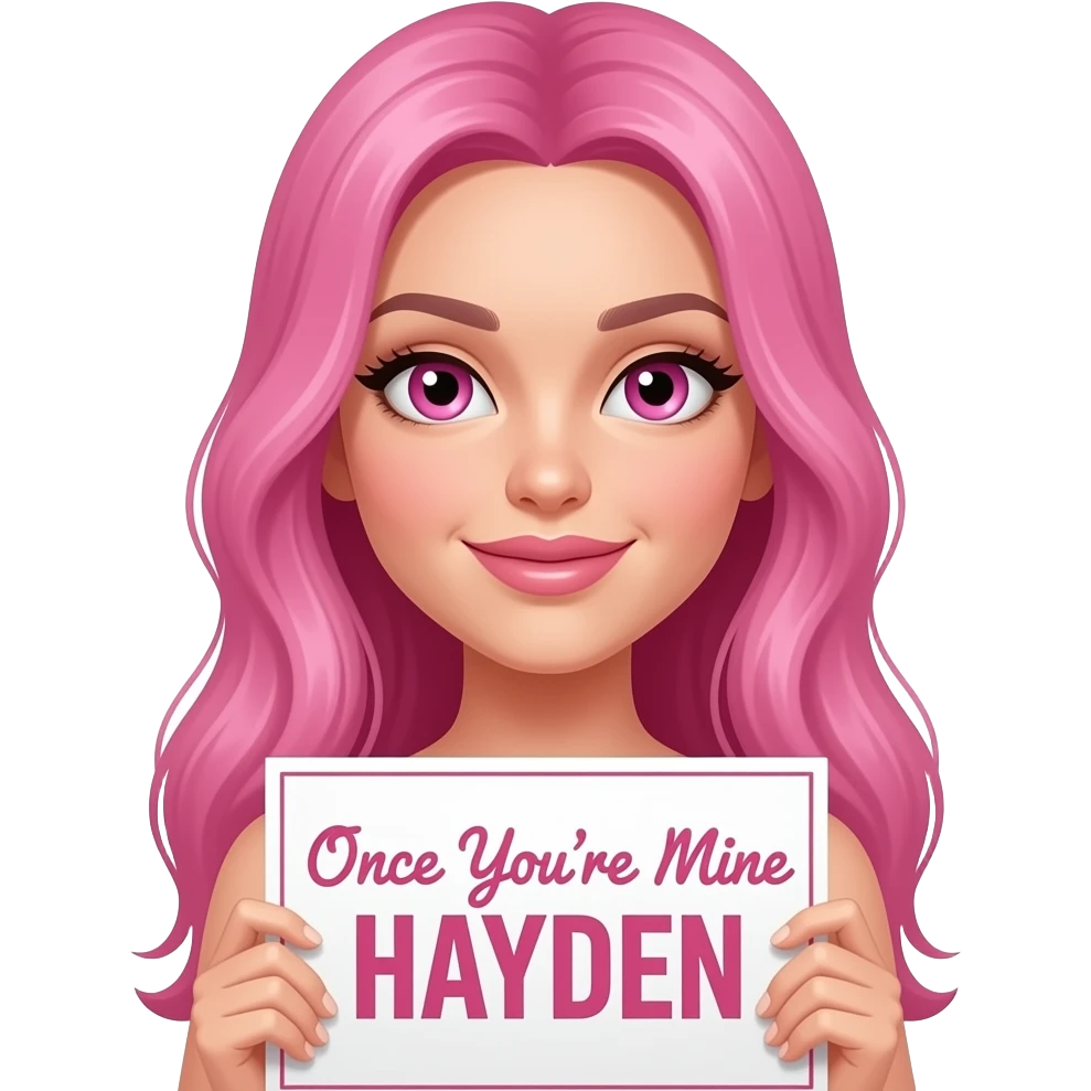 sexy girl with long pink hair and pink eyes holding a Once You're Mine HAYDEN sign emoji