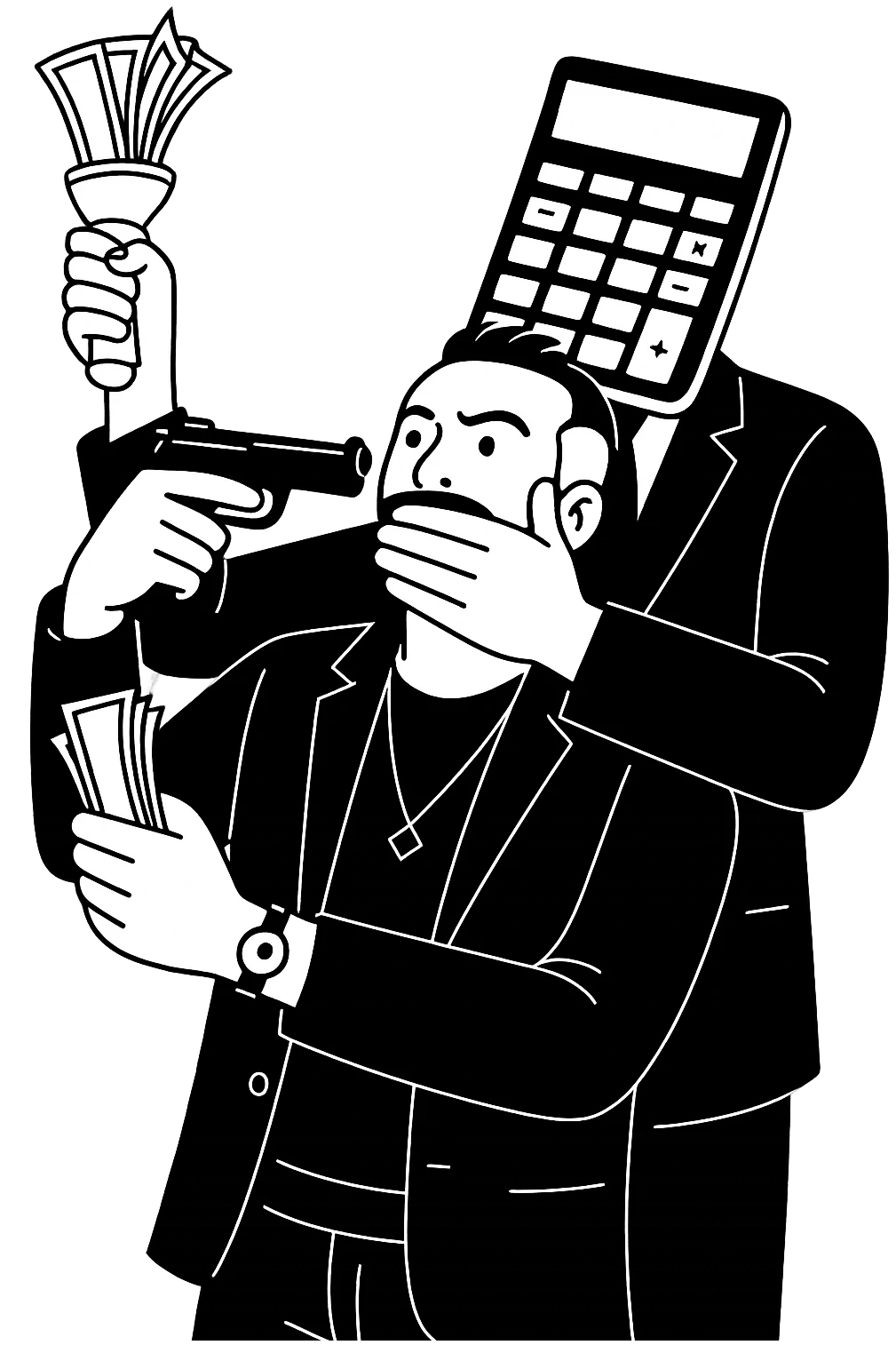 Используя такую стилистику и точно такого же героя, сгенерируй картинку. На ней позади героя стоит фигура, у которой вместо головы калькулятор, она приставила к виску героя пистолет, а другой рукой закрывает рот героя, прозрачный фон emoji