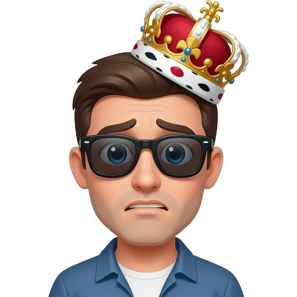 A person looking confused with a tilted king's crown on his head and wearing sunglasses emoji
