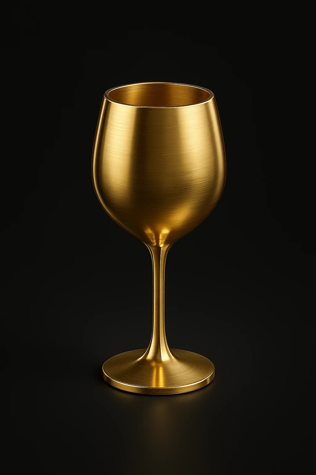 Create a simple and luxurious icon style of a wine glass silhouette in gold color on a black background, inspired by the first reference wine glass. emoji