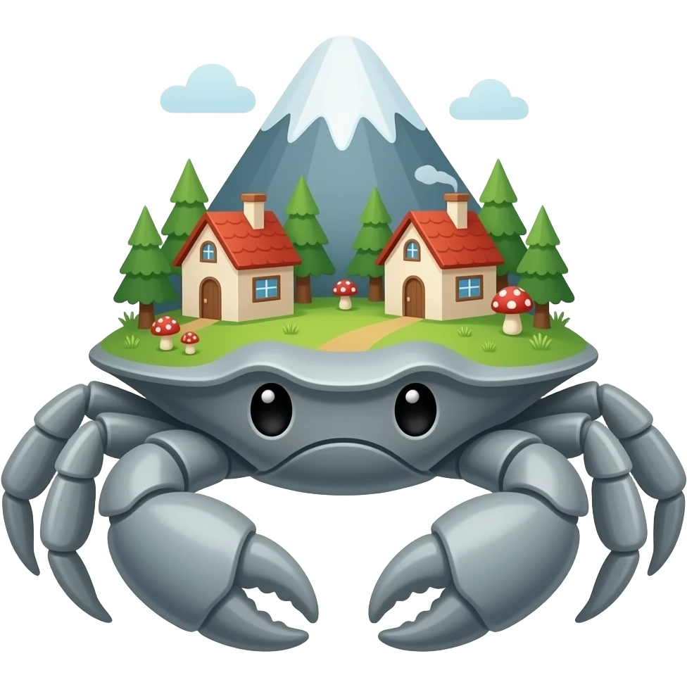 A Gray crab with houses on top of its shell in trees on it and also with mushrooms on it  facing forward Giant by mountain emoji