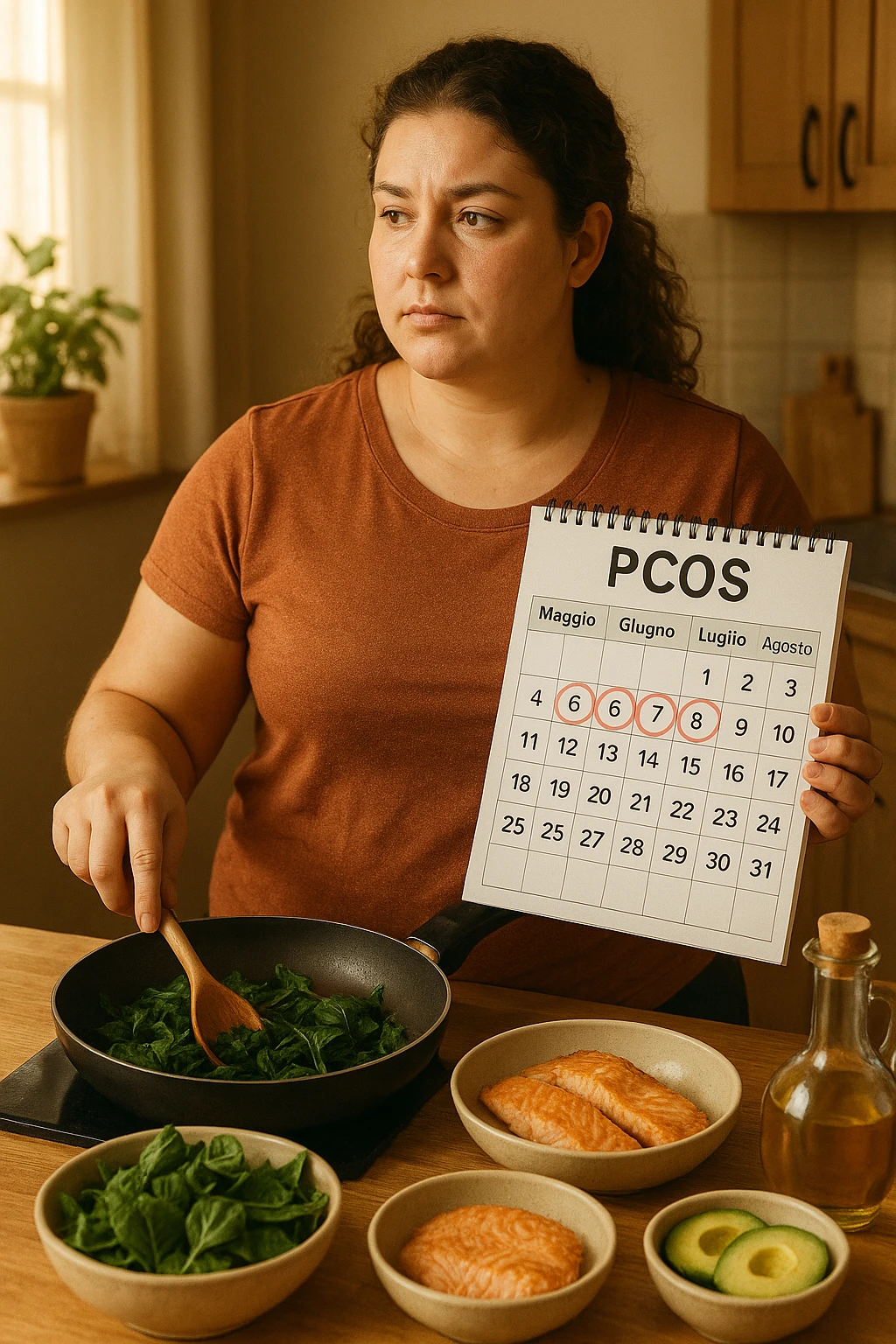 Donna con PCOS che tiene un calendario con i mesi "Maggio, Giugno, Luglio, Agosto" cerchiati, mentre prepara un pasto equilibrato con alimenti antinfiammatori (verdure a foglia, grassi sani, proteine magre). Espressione paziente e determinata. Atmosfera di impegno quotidiano, luce calda e naturale. emoji