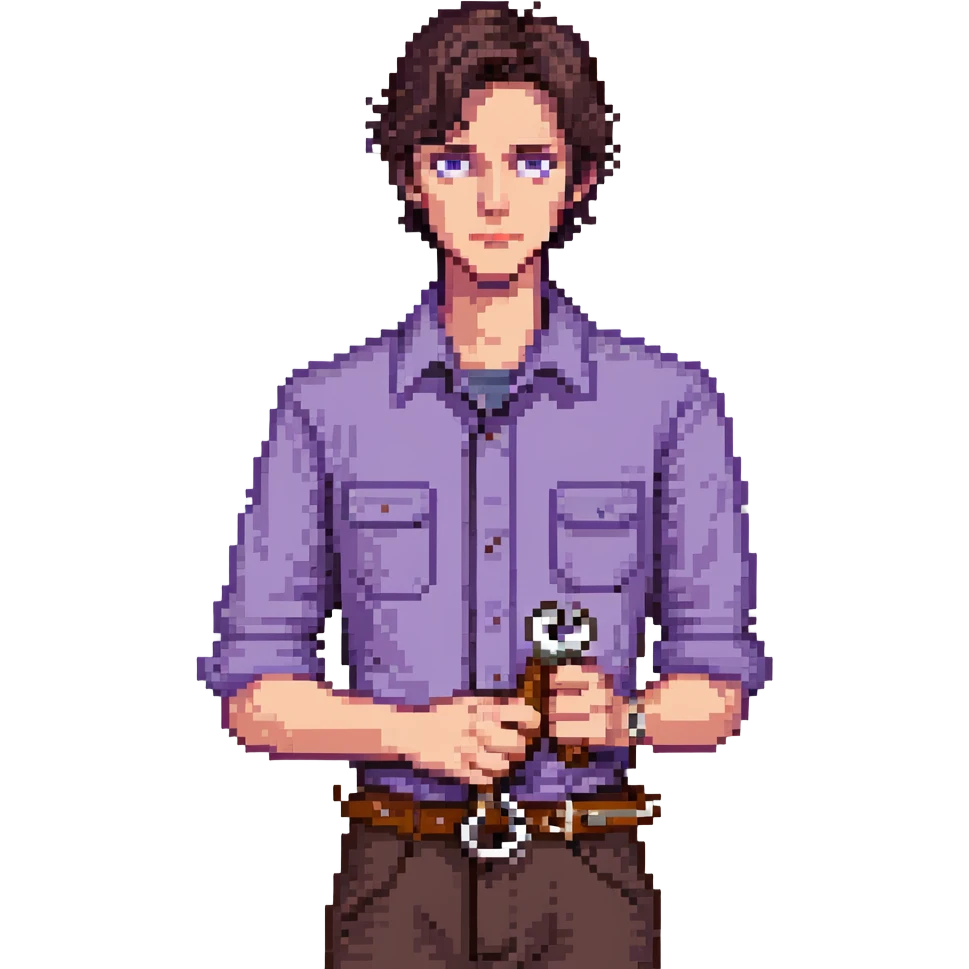 Focused male tinkerer, Caucasian features, short dark brown hair, sharp gray eyes, neutral expression, wearing violet work shirt with rolled-up sleeves, holding a small wrench in one hand, waist-up, front-facing emoji