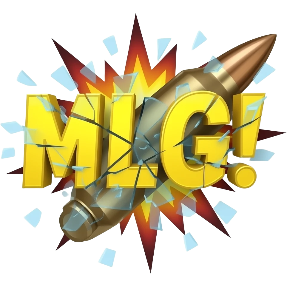 Надпись MLG! жёлтого цвета рассыпалась на мелкие осколки как стекло от взрыва выстрела пули emoji