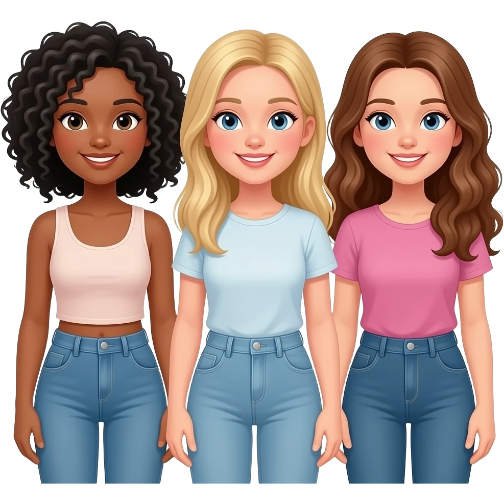 Chava con sus amigas una pelo negro rizado otra lacio castaño y otra ondulado castaño emoji