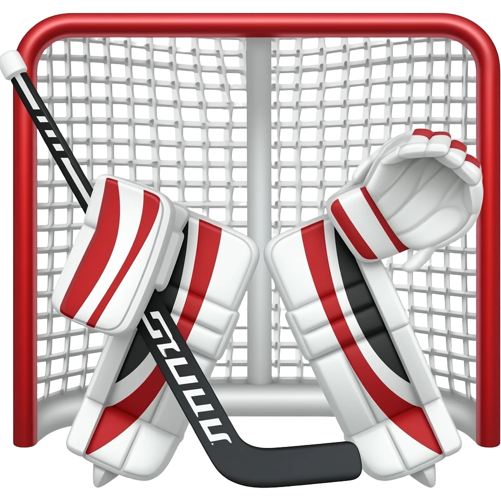 ice hockey goalie stick in front of a net with a blocker and glove no person emoji