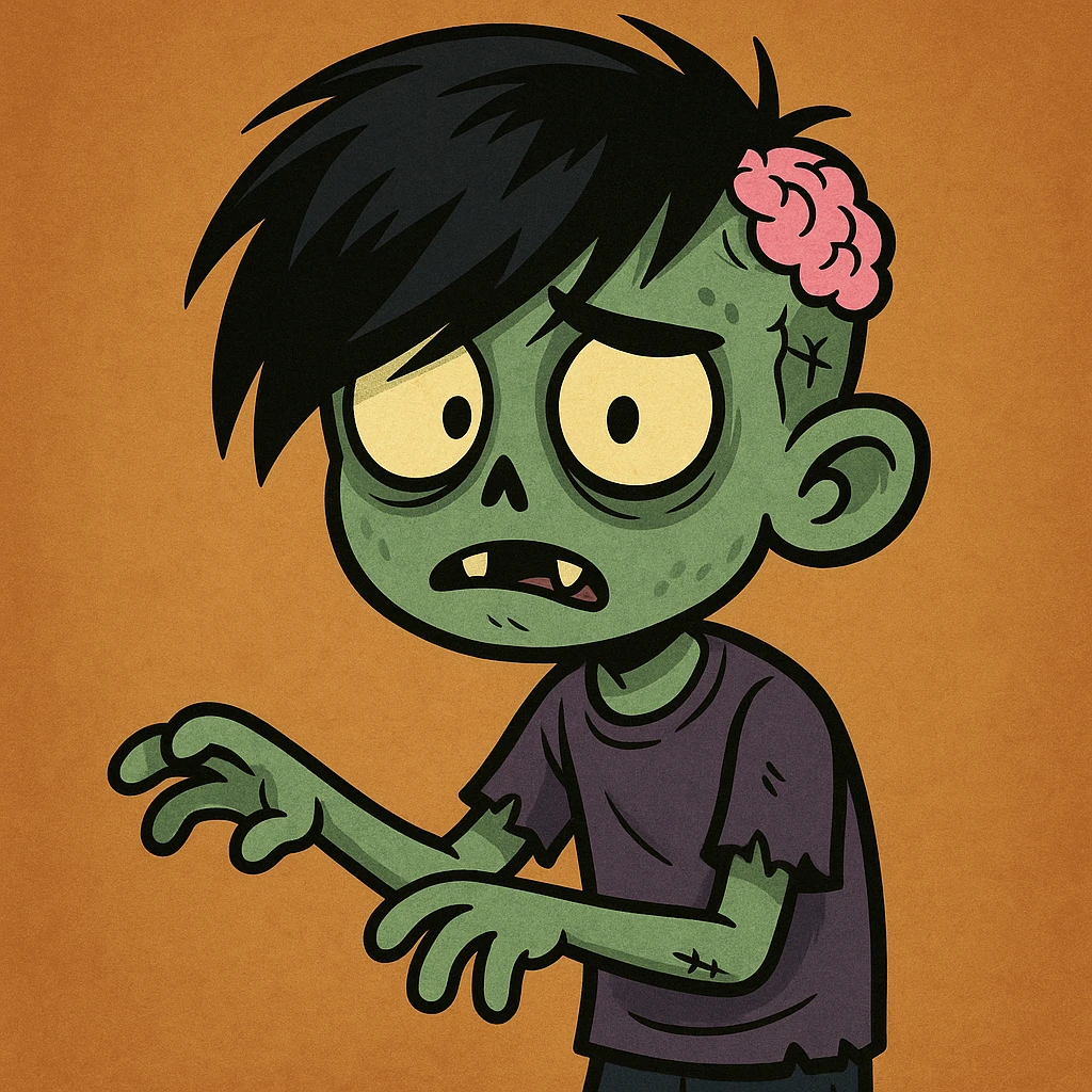 zombie boy with black emo hair and purple shirt, cartoon style emoji