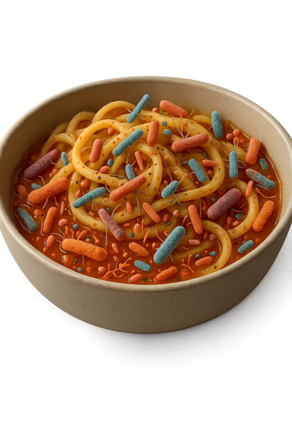 BOWL DI PASTA CON BATTERI INTESTINALI DENTRO, iperrealistico 4k emoji