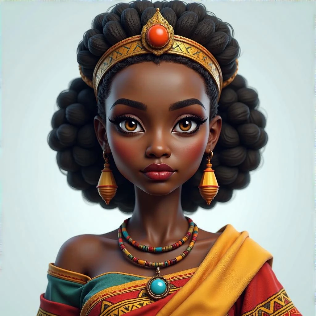 Create me a Stylized 3D Character Art of an beautiful African queen wearing traditional modern Ethiopian Habesha dress for a Strategy Game. Make it have a balance of realism and caricature. emoji