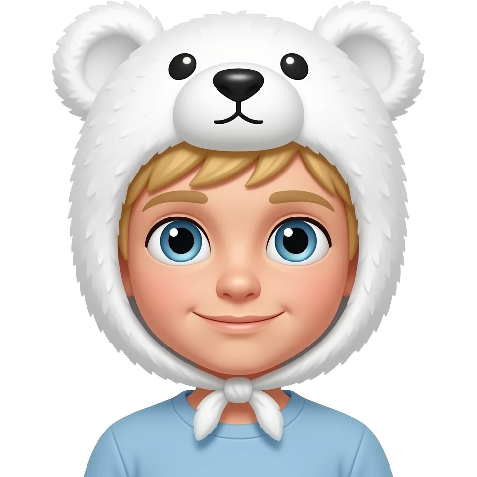 a blonde boy wearing a white bear theme bonnet but without seeing the bear’s face emoji