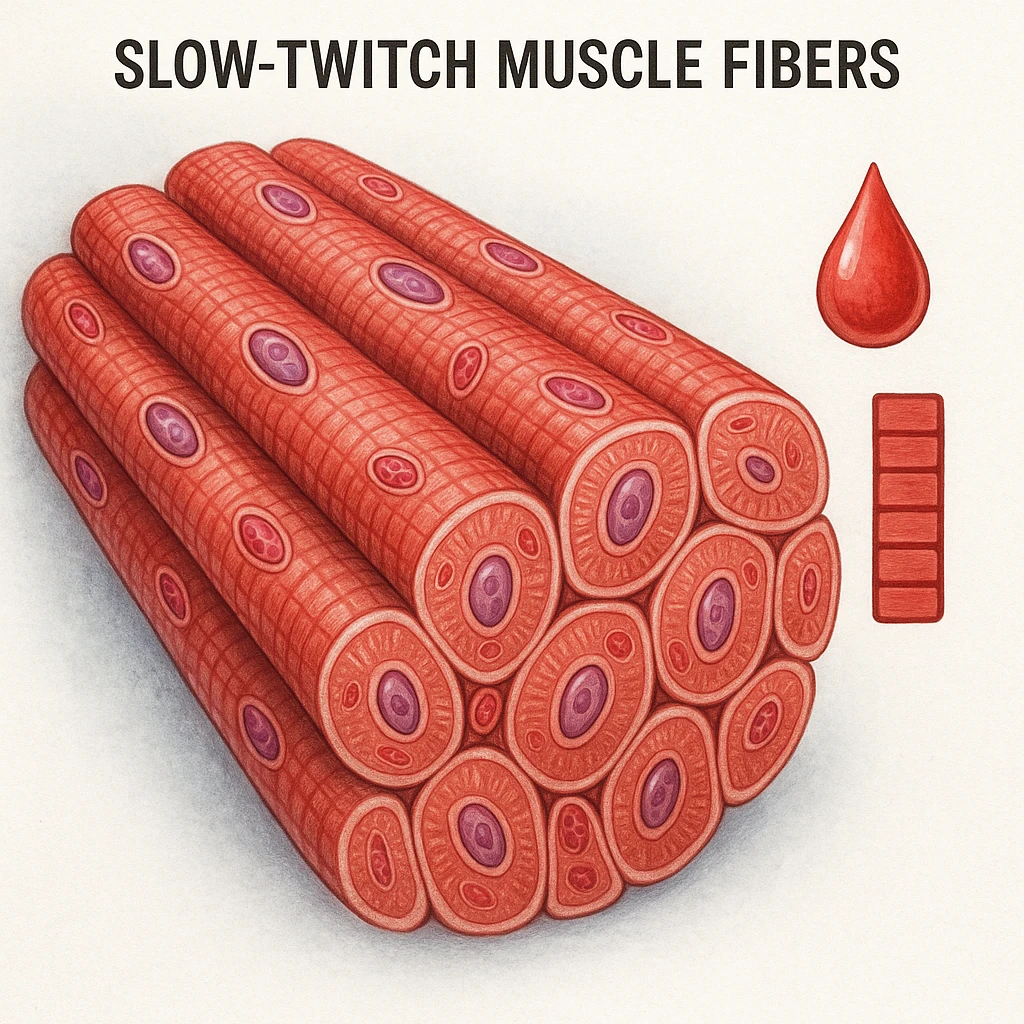 hyper realistic illustration of slow-twitch muscle fibers with compact and saturated appearance, minimal hypertrophic growth, cellular details, saturation symbols like drops or full bars, clinical atmosphere, white background emoji