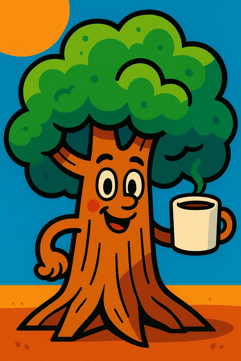cartoon tree with a smiling face, holding a coffee mug in one branch, vibrant toon style emoji