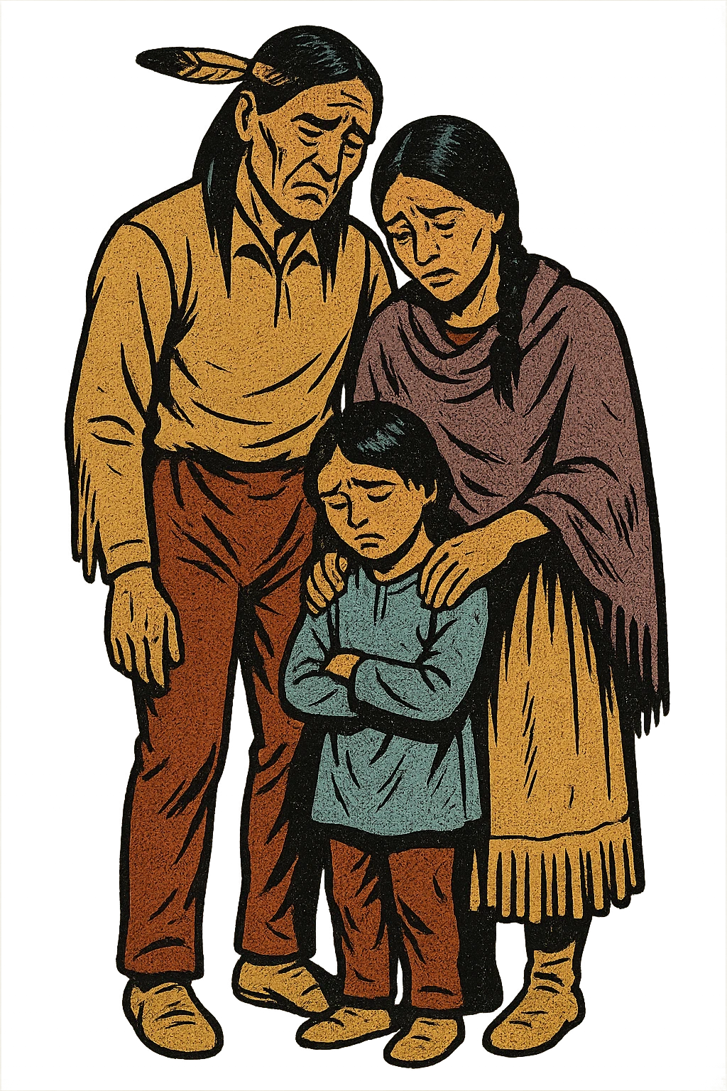 The full bodies of a sad native American family from the 1850s who are standing close together. emoji
