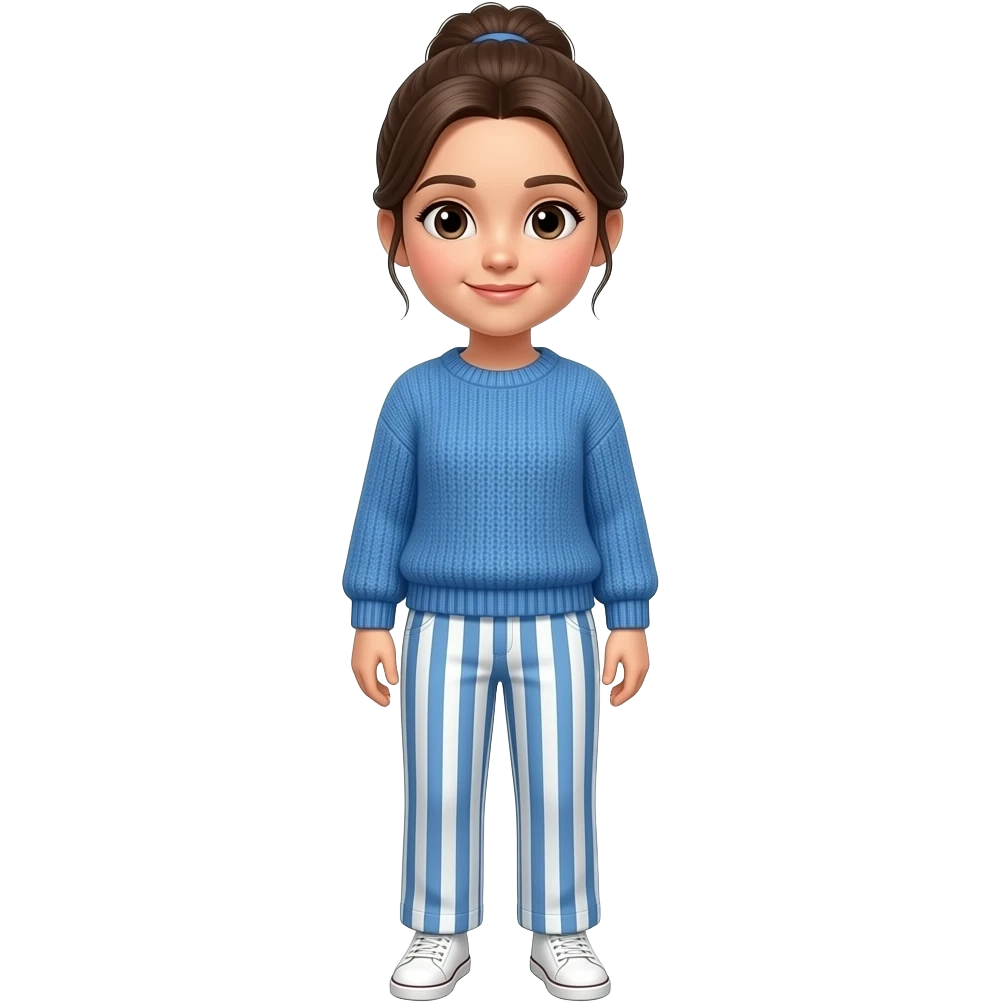 I want a girl standing with back hair blue sweater and striped blue and white pants and white shoes emoji