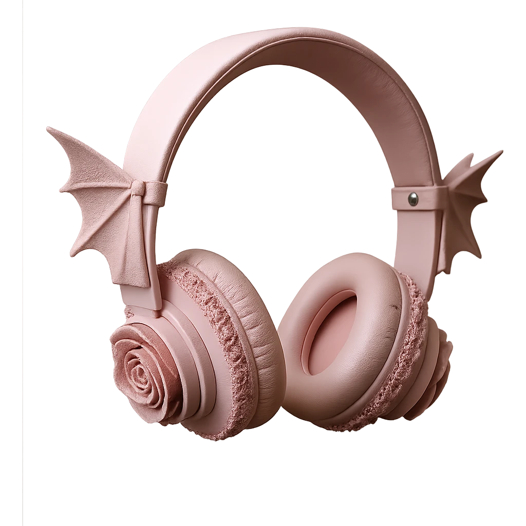 Isolate and keep only the realistic pink gothic headphones with bat wing details, lace trim, and dark roses in a photorealistic style with no background. emoji