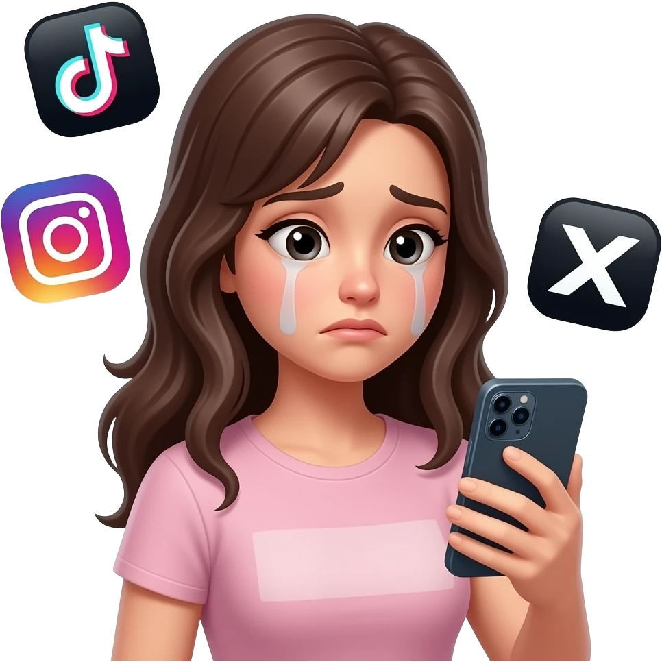 una chica viendo a una influencer  en su celular con un buen cuerpo  ,la chica esta triste , a su  alrededor hay app como  tiktok ,instagram y x emoji
