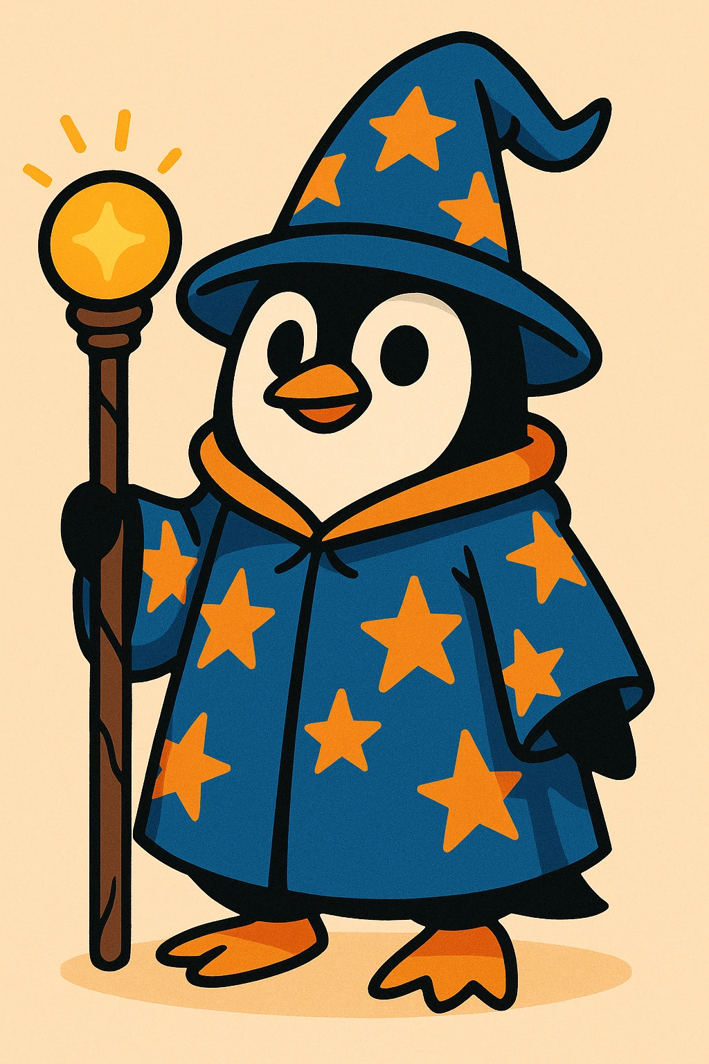 a penguin dressed as a wizard, with a pointy hat and a magic staff, fun whimsical style emoji