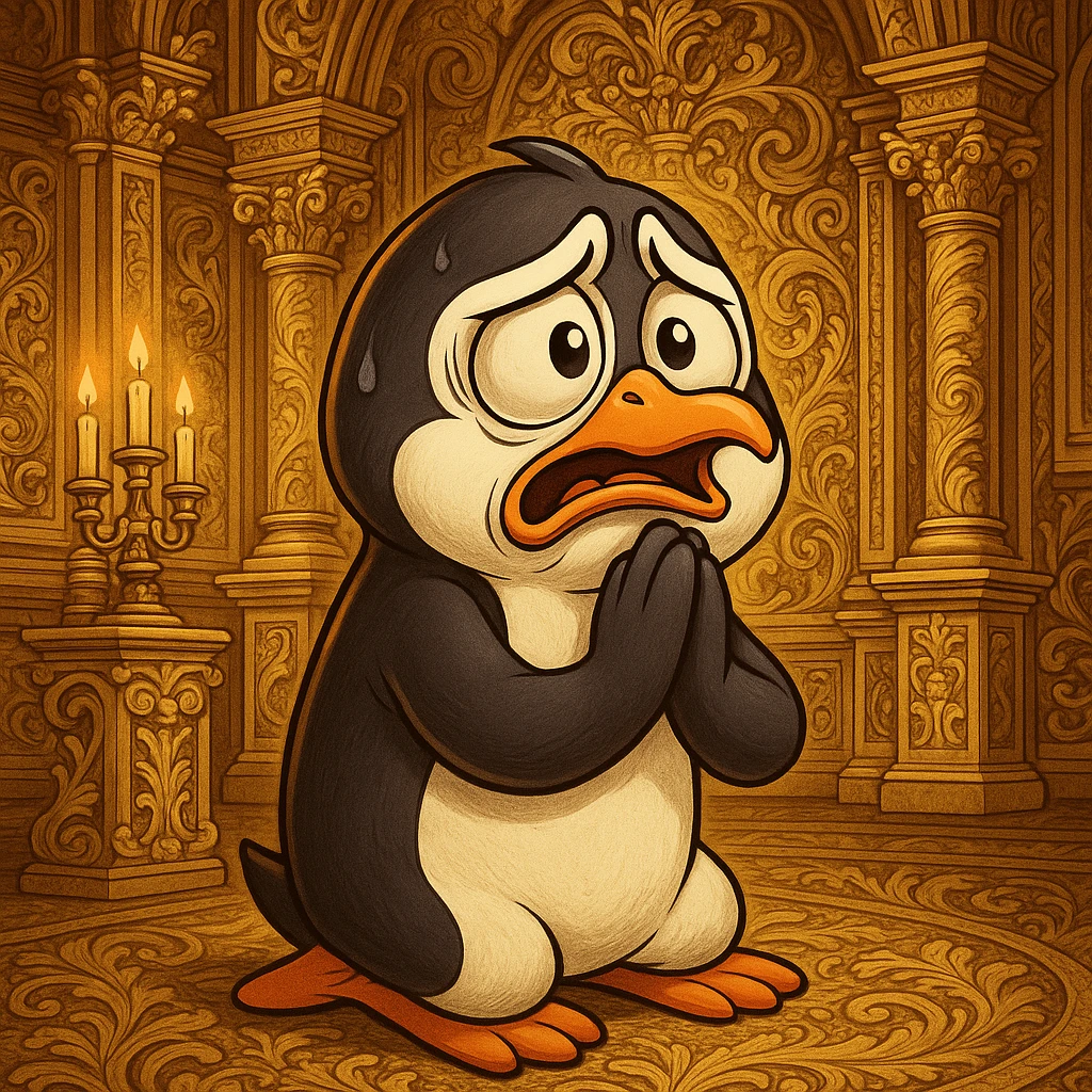 a cartoon penguin kneeling, flippers pressed together, dramatic facial expression, praying and begging, in a lavish baroque setting, gold and intricate patterns emoji